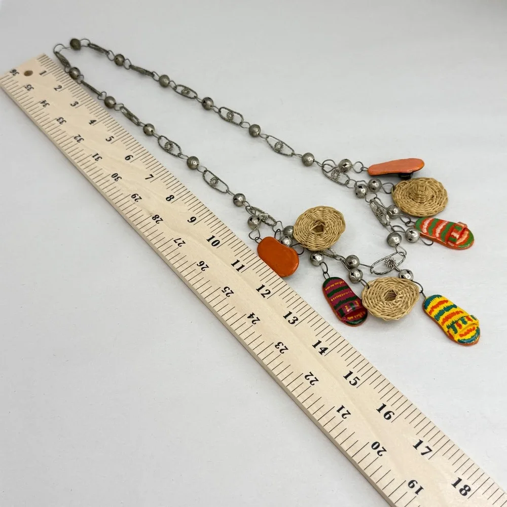 Vintage Mexican Wedding Necklace Folk Art Sombrero Huarache Charms Silver Tone